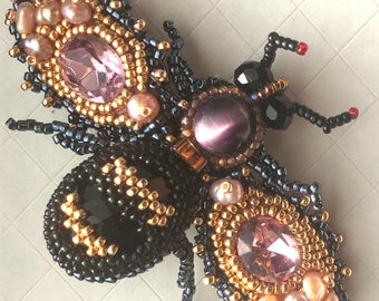 Bumble Bee Brooch OOAK Beadwoven  Black and Gold Bee Rhinestone and Genuine Pearl Brooch Gift for her Bee My Honey by enchantedbeads on Etsy