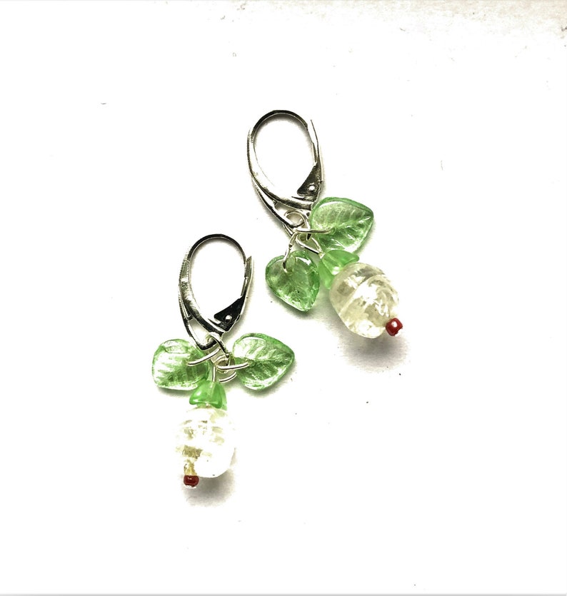 Flower Bud Earrings Sterling Sil. Earrings Beaded Clear Flower White Floral Green Leaf Earrings Spring Summer Gift for her by enchantedbeads image 3