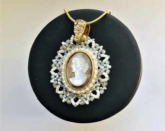 Bridal Necklace Beadwoven Mother of Pearl Cameo Pendant Wedding Jewelry Statement Necklace elegant Gift for her by ileanaEnchantedBeads