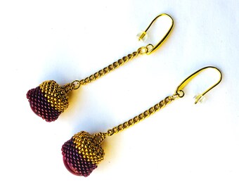 Gold Filled Long Chain Earrings, Beadwoven red and golden fruit shape Beaded Beads peyote beadwork, Christmas Gift for Her by enchantedbeads