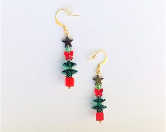 Green& Red Christmas Tree Swarovski Earrings Christmas Holiday Winter Holiday Santa Christmas Beaded Tree Earrings for Her by enchantedbeads