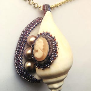 Cameo Shell Statement Pendant: Beadwoven, Pearl Nautical Necklace