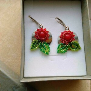 Sterling Silver Red Floral Earrings Beadwoven Dangle Red Jasper Green Leaves Round Floral Christmas Earrings Gift for Her by enchantedbeads image 2