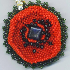 Beadwoven Red Poppy Pendant Necklace, Onyx Floral Beadwork image 3