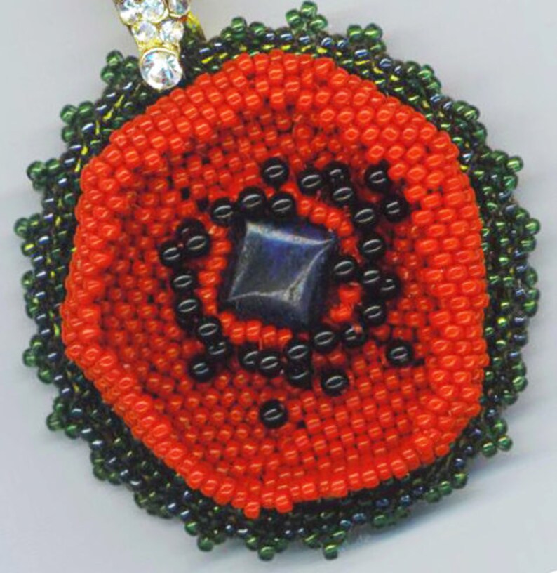 Beadwoven Red Poppy Pendant Necklace, Onyx Floral Beadwork image 3