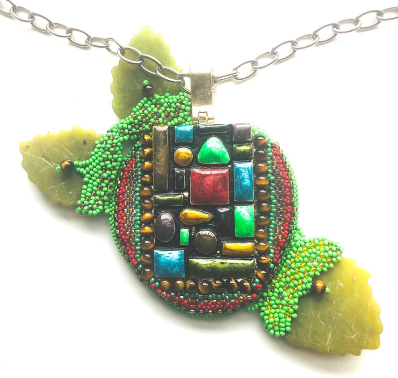 Big Apple Enameled Necklace Architecture of NY City Geometrical Statement Necklace Beadwoven Apple Pendant Bead Embroidery by enchantedbeads image 4