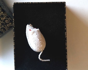 Beadwoven Brooch Adorable White Mouse Pin Animal Creature Gift for Her Embroidery Mouse Halloween Brooch Winter Mouse Gift by enchantedbeads