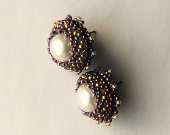 Beadwoven Bead Embroidered Post Earrings simulated faux Pearl Studs golden purple lilac Beadwork Sparkle Round Her Gift by enchantedbeads