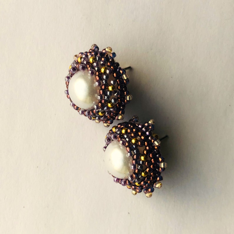 Beadwoven Bead Embroidered Post Earrings simulated faux Pearl Studs golden purple lilac Beadwork Sparkle Round Her Gift by enchantedbeads image 1