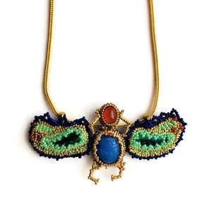 Egyptian Scarab Beadwoven Pendant Green Elytra Wings Bugs Insect Gold Filled Chain MAGICAL Scarab Necklace Gift for Her by enchantedbeads image 2