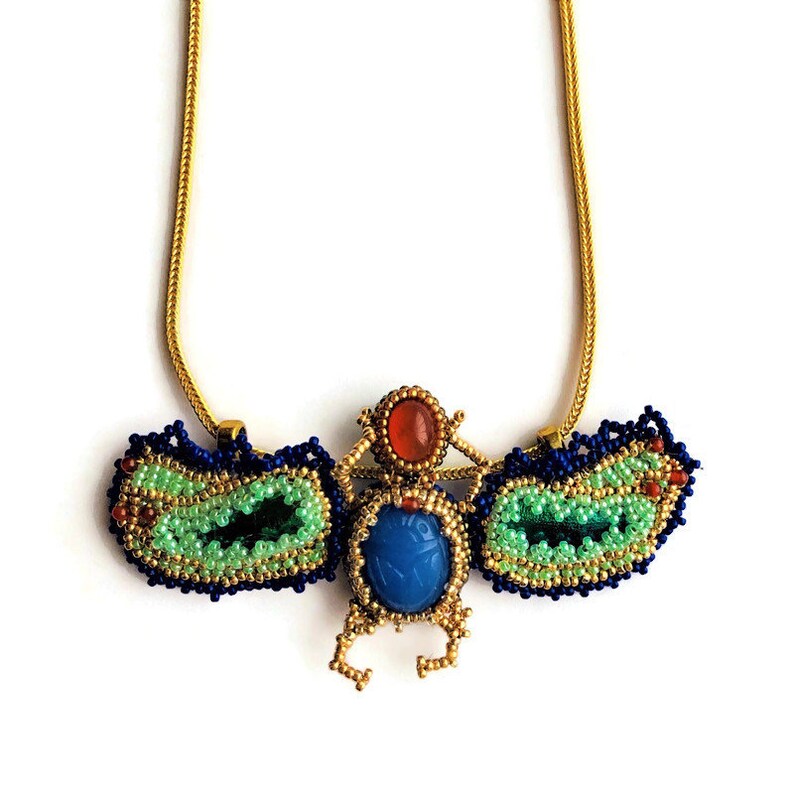 Egyptian Scarab Beadwoven Pendant Green Elytra Wings Bugs Insect Gold Filled Chain MAGICAL Scarab Necklace Gift for Her by enchantedbeads image 2