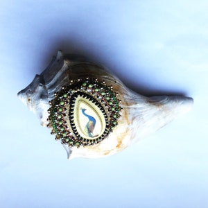 Beadwoven Peacock Statement Brooch Green Blue Beige Golden Bird Brooch Bead Embroidery OOAK Peacock Large Pin Gift for her by enchantedbeads image 5