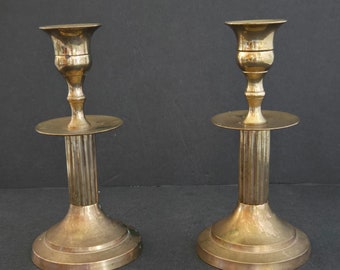 Set of Two Vintage Solid Brass Candleholders 6" India Patina