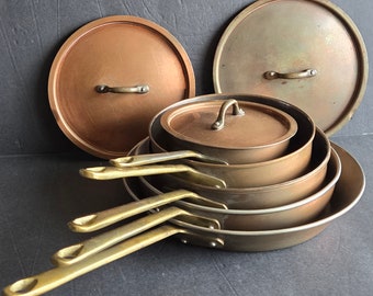 Vintage Decorative Copper Cookware Set 3 Pots with Lids 2 Pans Brass Handles Triple Rivets Lots of Patina