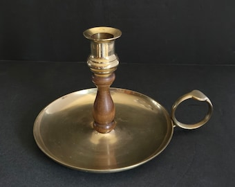 Vintage Brass and Wood Chamber Candlestick with Handle