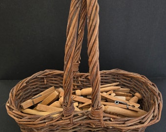 Instant Vintage Decor Lot of 40 Wooden Clothespins and a Handled Willow Basket