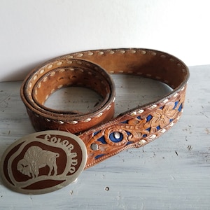 Vintage Western Tooled Leather Belt and Buffalo Belt Buckle