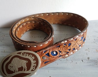Vintage Western Tooled Leather Belt and Buffalo Belt Buckle