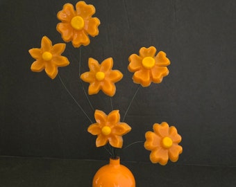 Fun Vintage Midcentury 1960s Lucite and Acrylic Flowers and Round Vase Orange and Yellow