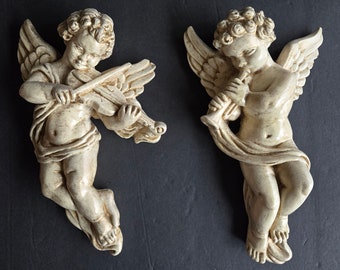 Pair of Vintage Midcentury OffWhite and Gold Plaster Cherub Classical Figures