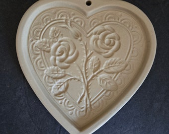 Vintage Heart and Roses Stoneware Cookie Mold Brown Bag Cookie Art 1992 Hill Design