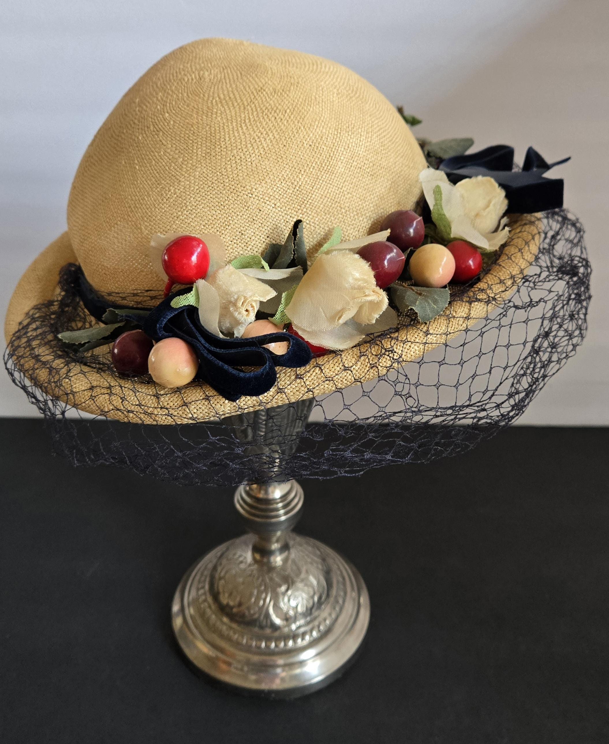 Vintage Red Straw hat With Net Veil & Chin Strap-Western Look Floral Straw Hat Rockmount Red & Green Floral Print Straw Western Hat main image 2