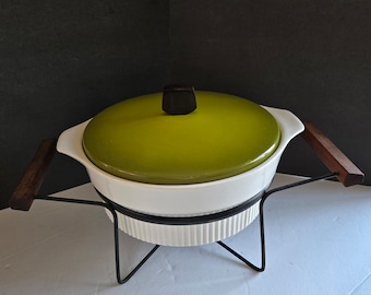 Vintage Midcentury Wear Ever Cerama 2 Qt Ceramic Casserole Covered Dish With Metal and WoodWarmer Stand