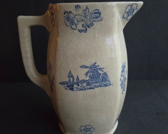 Vintage Ironstone Pitcher Blue Transferware Windmills and Flowers Decoratively Crazed and Stained