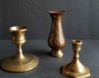 Vintage Petite Three Piece Brass Lot Two Candleholders and Bud Vase