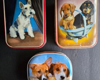 Vintage Midcentury Lot of Three Edward Sharp and Sons England Candy Tins Tin Litho Dog Decoration Terrier Dachshund Beagle