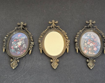 Vintage Midcentury Petite Italian 3 Piece Wall Decor Set Ornate Framed Prints and Mirror
