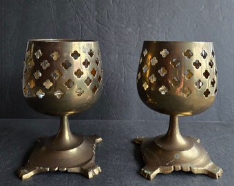 Vintage Pair of Brass Pierced Goblet Style Candleholders with Glass Votives India