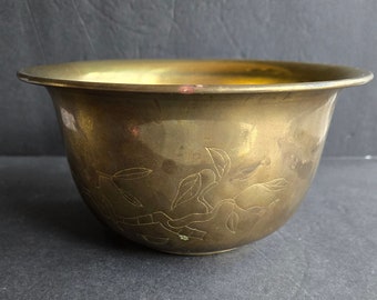 Vintage Solid Brass Bowl Engraved Branch and Leaves Decoration Patina