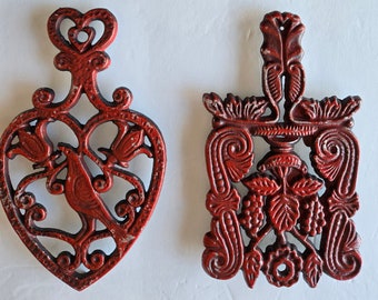 Lot of Two Vintage Red Metal Trivets Scandinavian Cottage Style