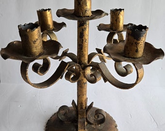 Antique Spanish Revival Chippy Gilt Iron Candleabra