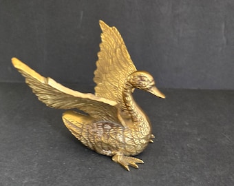 Vintage Heavyweight Solid Brass Duck In Flight Figure Paperweight