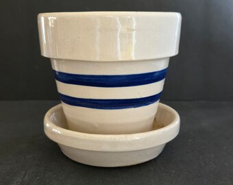 Vintage Stoneware 4-3/4" High Planter with Attached Saucer Double Blue Banded