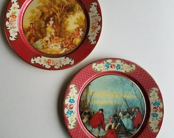 Set of Two Vintage Daher Tin Litho Plates Lancret Autumn and Winter Belgium French Country Cottage