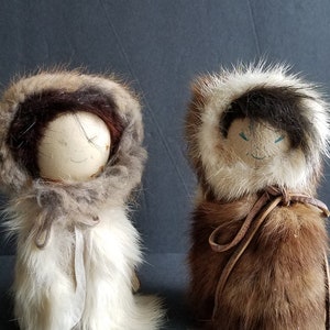 Two Handmade Vintage Inuit Dolls with Babies Hand Painted Faces Fur and Leather