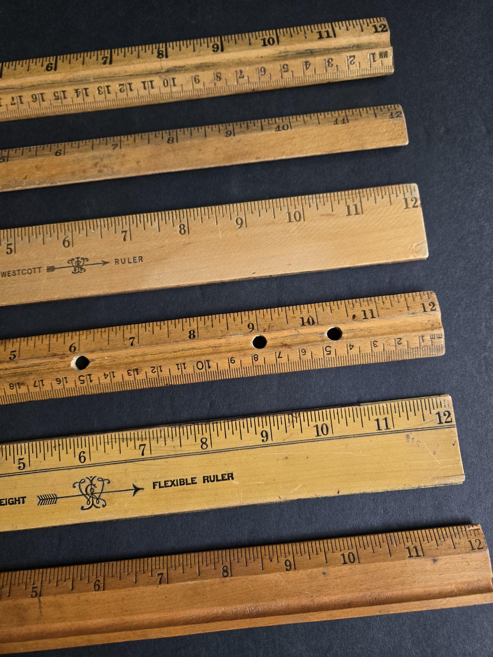 Lot of 6 Vintage Wooden School Rulers 12