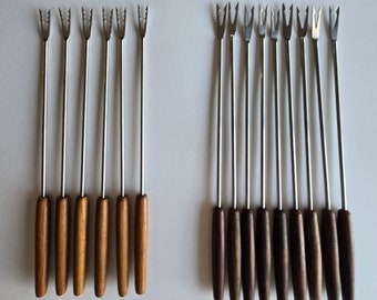 Two Sets Vintage Midcentury Stainless Steel and Wood Fondue Forks Germany Japan 15 Total