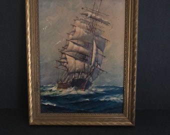 Vintage Midcentury Framed Sailing Ship Raised Print