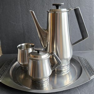 Vintage Midcentury International Stainless Deluxe Coffee Set Japan Coffee Server Sugar Creamer Tray