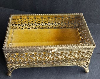 Beautiful Golden Filagree 1950s Jewelry Box Casket Trinket Box Beveled Glass Velvet