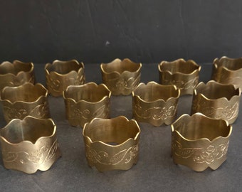 Vintage Lot of 12 Floral Engraved Brass Napkin Rings