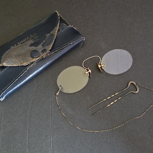 Antique Pince-Nez Rimless Eyeglasses With Chain Lapel Pin and Case