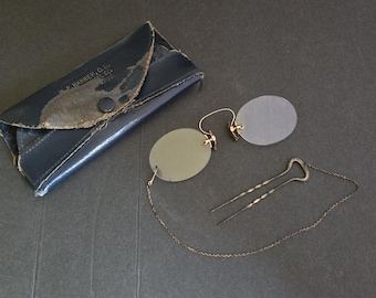 Antique Pince-Nez Rimless Eyeglasses With Chain Lapel Pin and Case