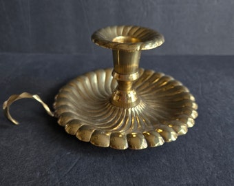 Vintage Solid Brass Heavyweight Decorative Swirled Candleholder Chamberstick India