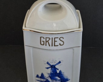 Vintage European Porcelain GRIES (Groats) Canister Blue and White Windmill Decoration