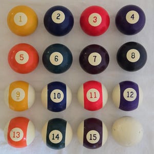 Set of Vintage Pool Balls 1-15 and Cue Ball American Size 2-1/4&quot;